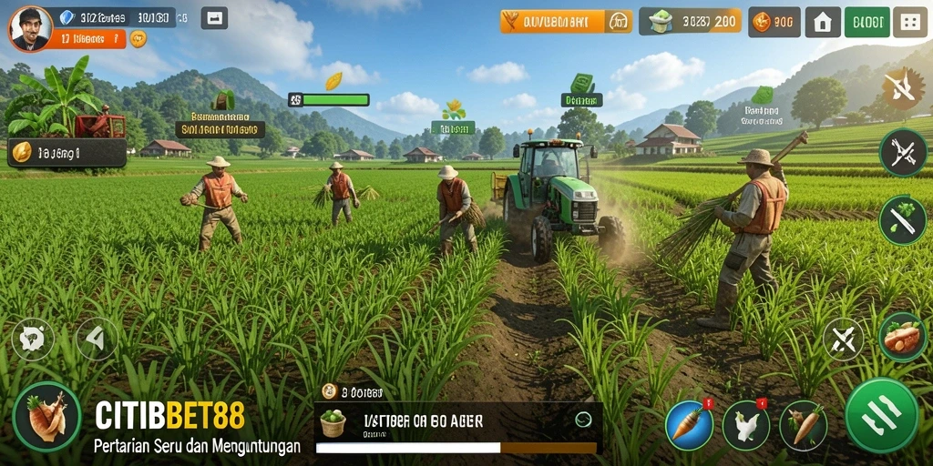 Tampilan gameplay CITIBET88 yang menampilkan ladang subur dan tanaman yang tumbuh.