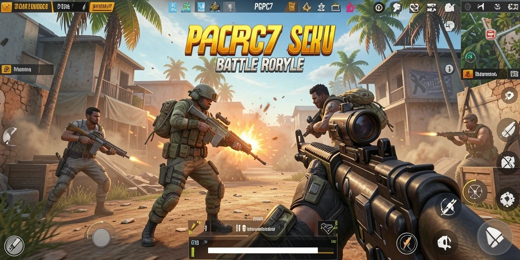 Tangkapan layar gameplay PCPC7 dengan adu tembak yang seru di arena Battle Royale.