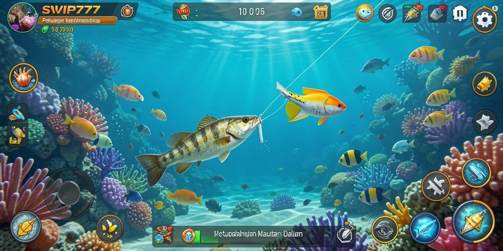 Tampilan gameplay SVIP777 yang menarik dengan ikan dan pemandangan laut yang indah.