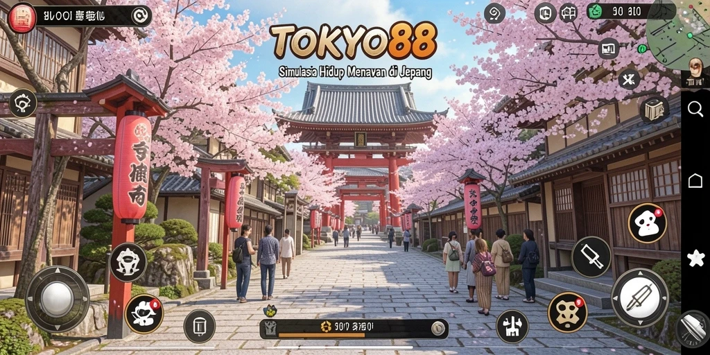 Screenshot gameplay TOKYO88 menampilkan eksplorasi kehidupan sehari-hari di Jepang.